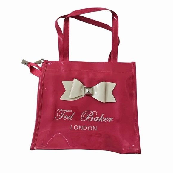 Ted Baker London Tote Bag Small Pink Glossy PVC with White Bow Zip Closure - Picture 1 of 7